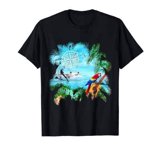 Beachside Dream Seaplane, Parrot, and Guitar T-Shirt
