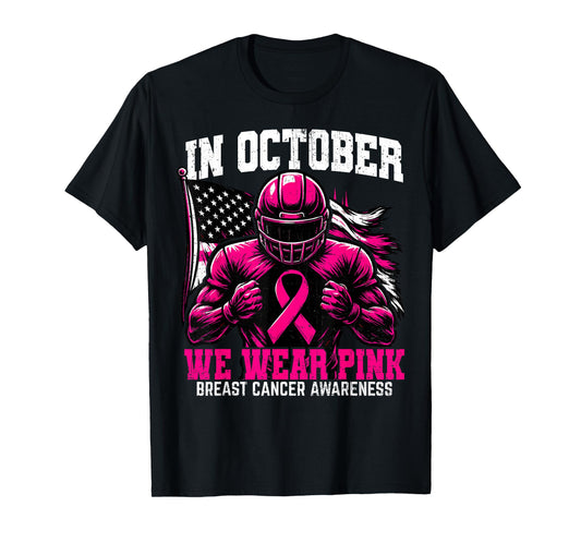 in October we Wear Pink USA Flag Breast Cancer Awareness T-Shirt