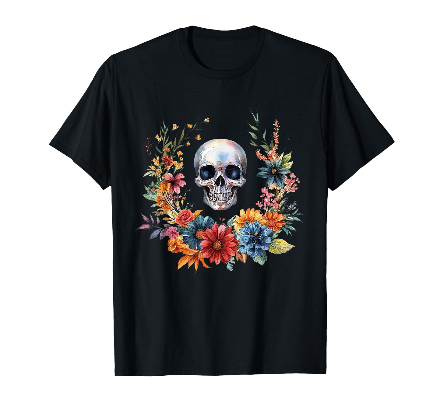 Funny Vintage Skeleton Skull Flower Halloween Retro Floral T-Shirt
