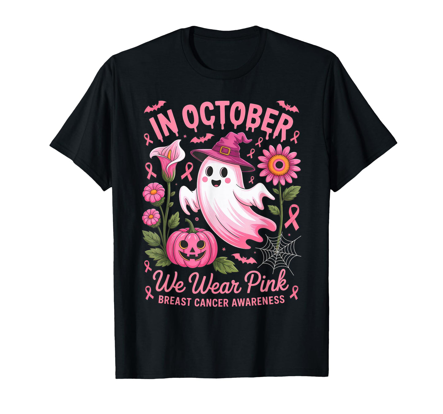 In October We Wear Pink Halloween Shirt Ghost Breast Cancer T-Shirt
