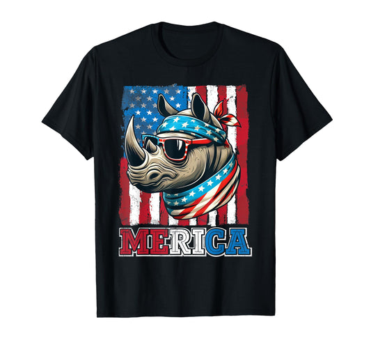 Rhino Wearing US Flag Costume Independence July 4th MERICA Women Men T-Shirt