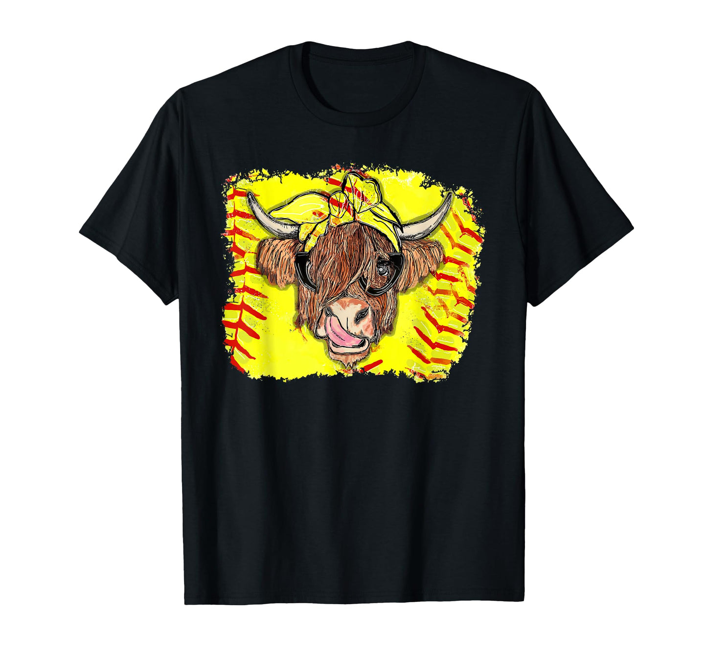 Softball Highland Cow With Bandana Glasses Happy Mother's T-Shirt