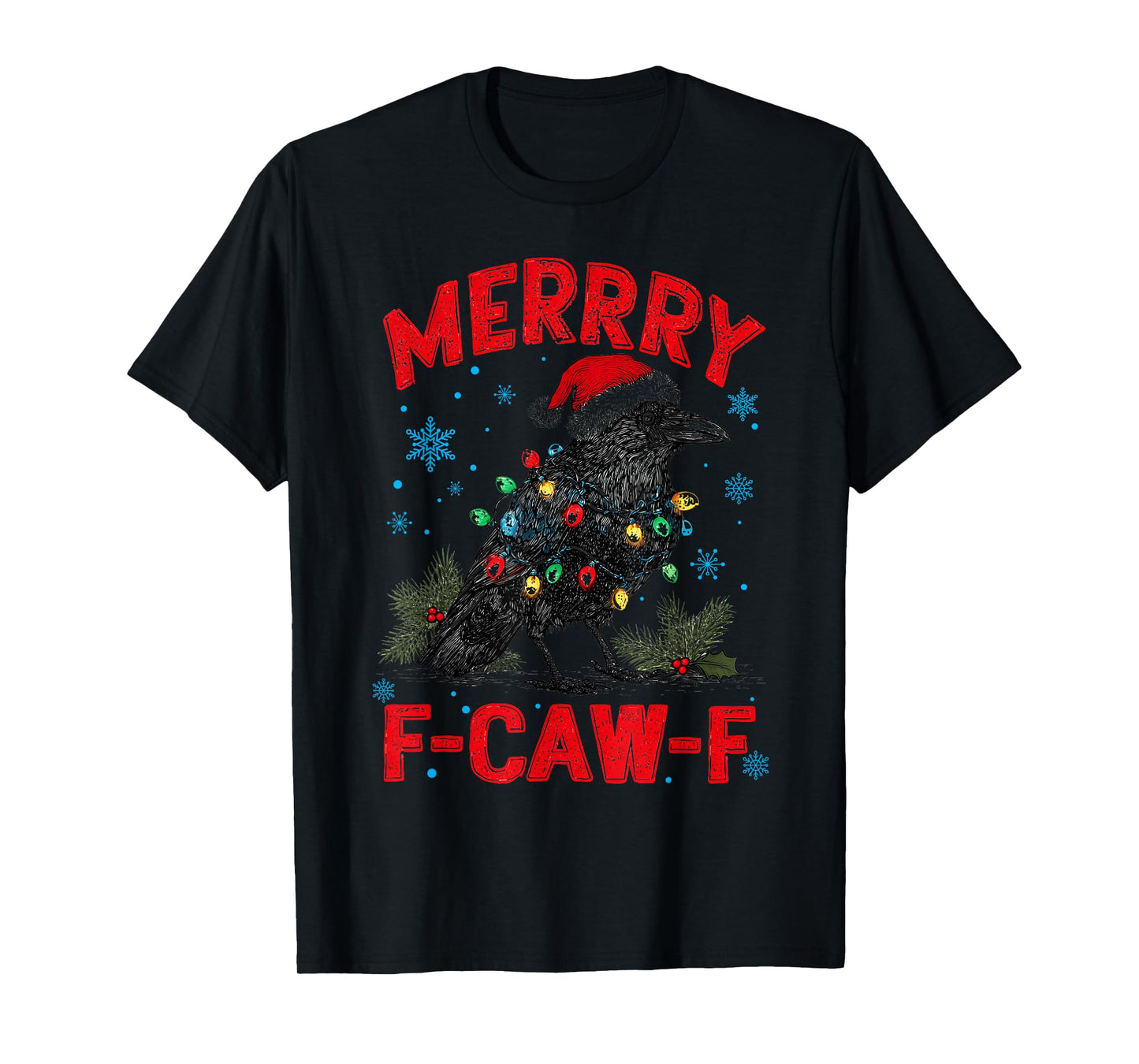 Merry F-Caw-F Crow Christmas Snowflake Xmas Lights Pajama T-Shirt