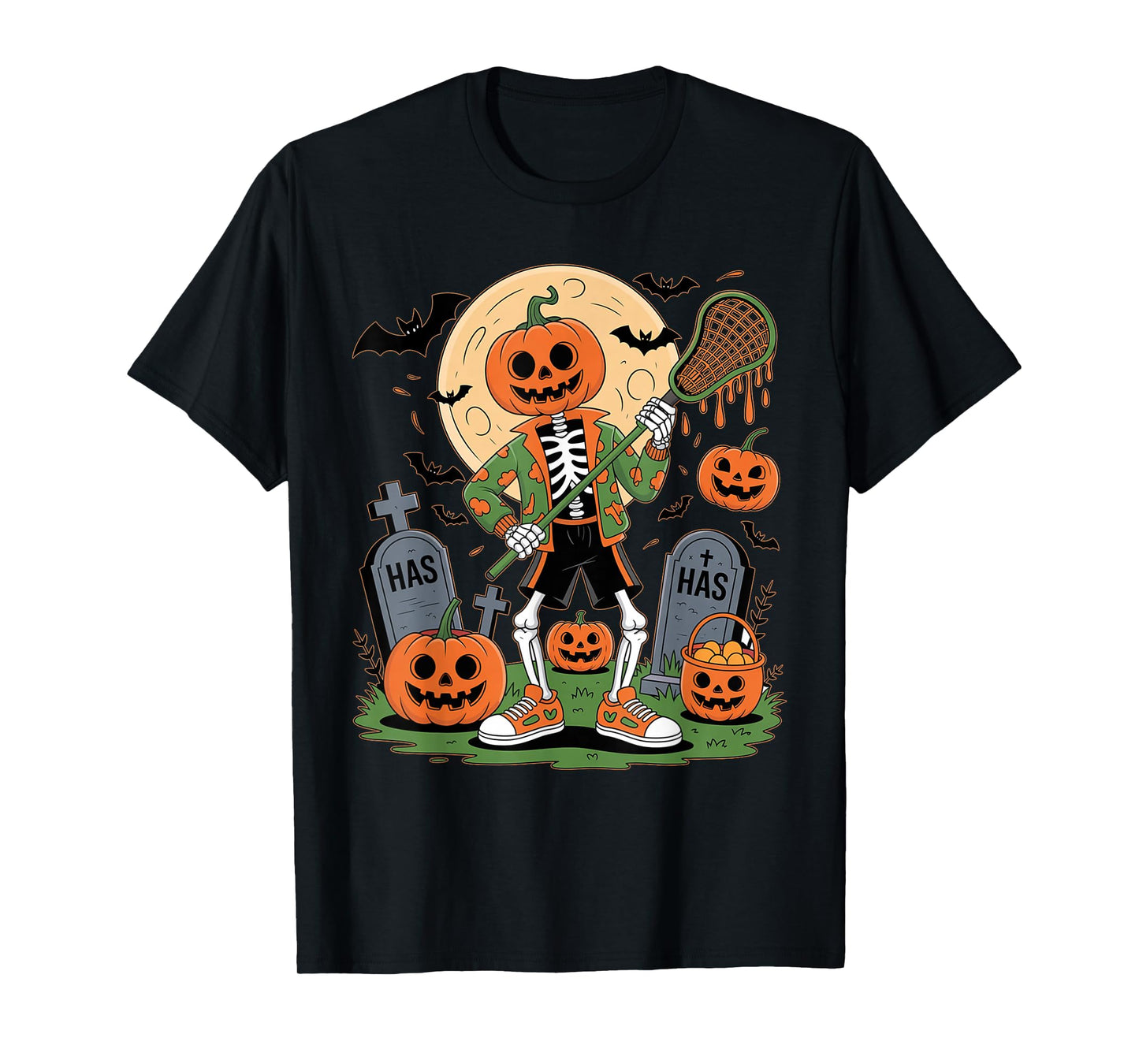 Funny Halloween Skeleton Pumpkin Lacrosse Spooky Halloween T-Shirt