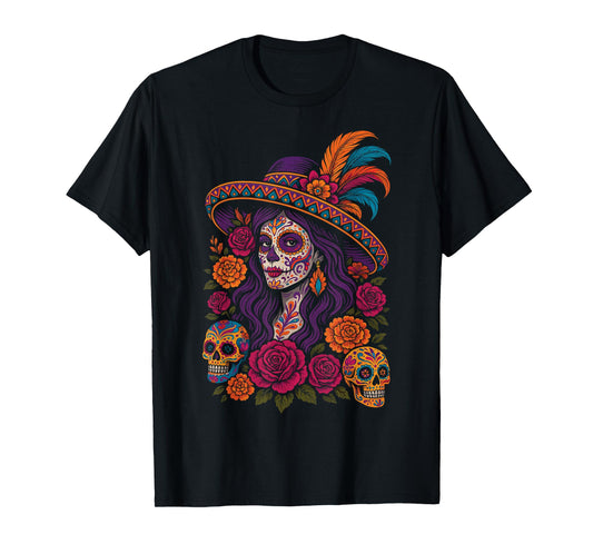 Day of The Dead Dia De Los Muertos Floral Sugar Skull Woman T-Shirt
