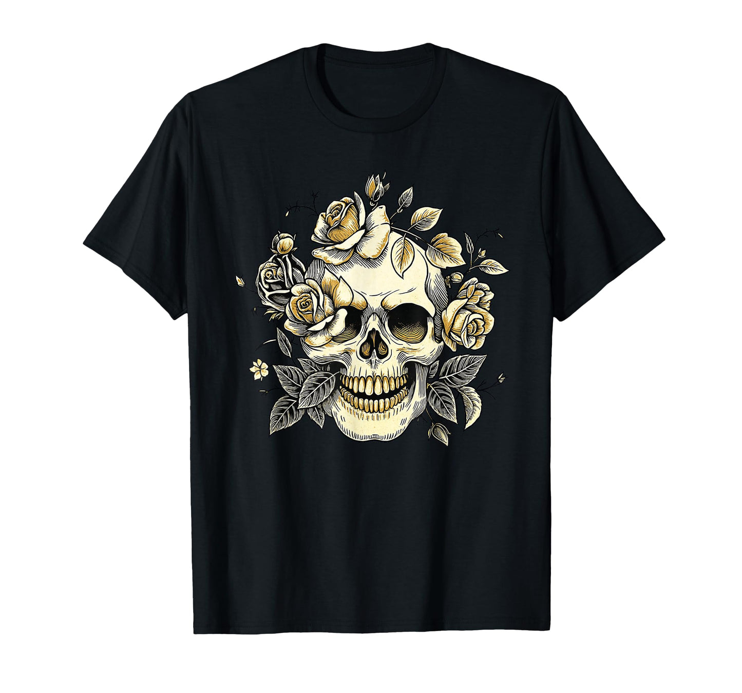 Mexican Skull with Flowers Vintage Gothic Skeleton Art T-Shirt