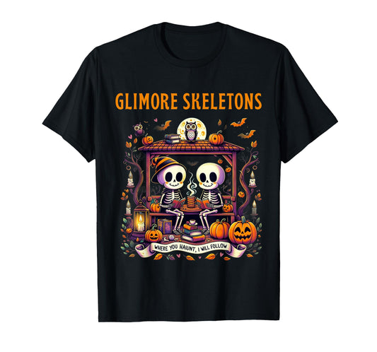 Cozy Halloween Glimore Skeleton Couple Reading Fall Pumpkins T-Shirt