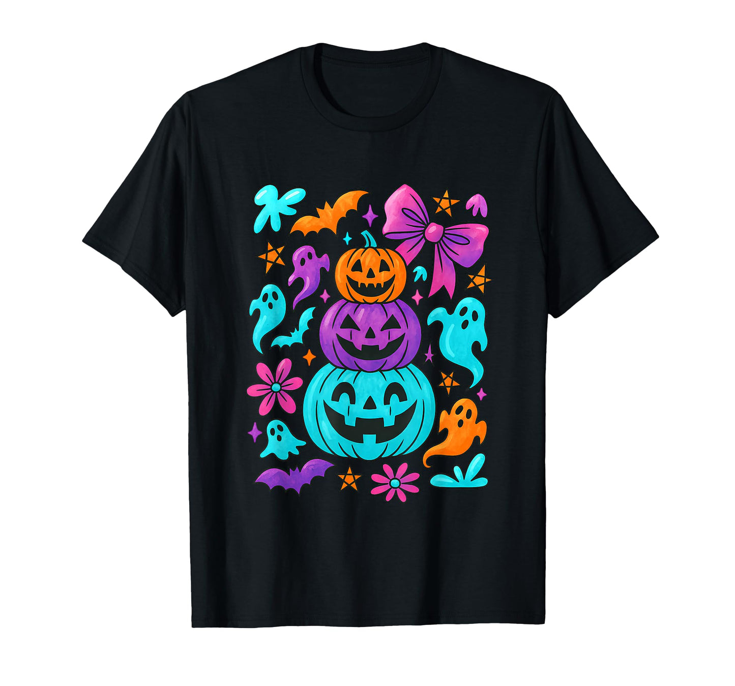 Retro Preppy Neon Halloween Pumpkin Ghost Coquette Outfit T-Shirt