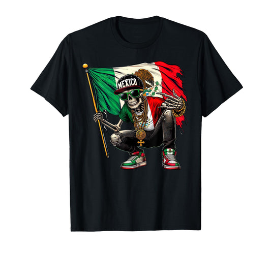 Distressed Mexico Flag Skull Rock Skeleton Shirts Men Boys T-Shirt