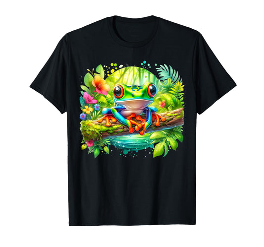 Cute Red Eyed Tree Frog In Vibrant Tropical Jungle Setting T-Shirt