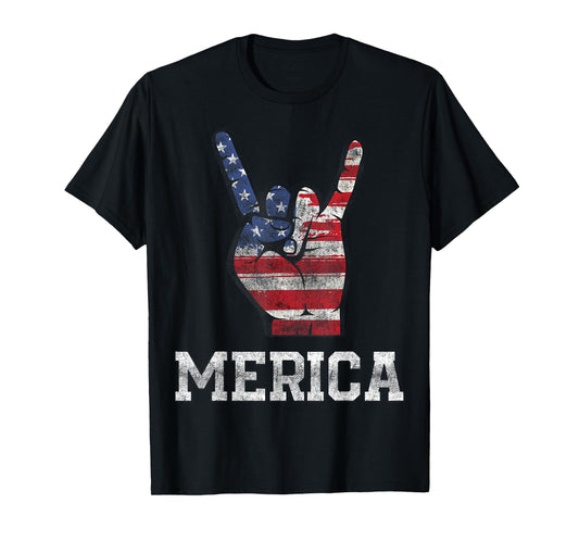 Merica Rock Sign 4th of July Vintage American Flag Retro USA T-Shirt