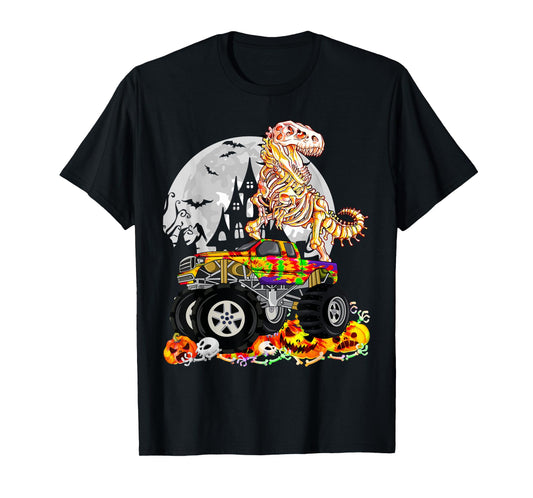 Dinosaur T-rex Skeleton Pumpkin Riding Monster Truck T-Shirt