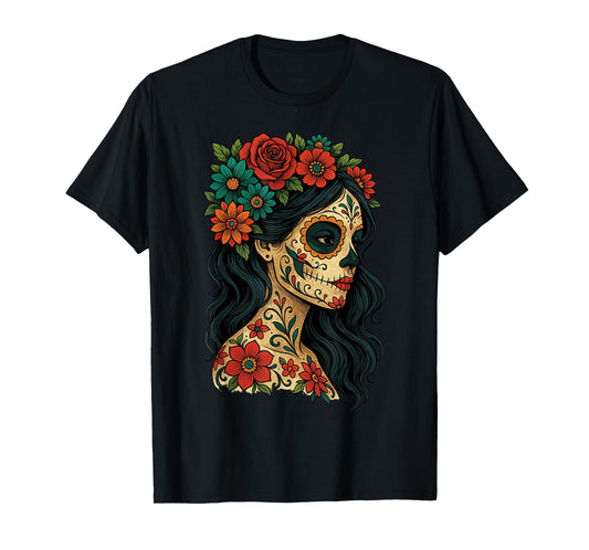 Day of The Dead Dia De Los Muertos Floral Sugar Skull Woman T-Shirt