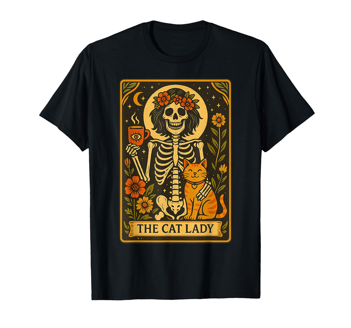 Mystic Skeleton The Cat Lady with Coffee Tarot Card Vibes T-Shirt