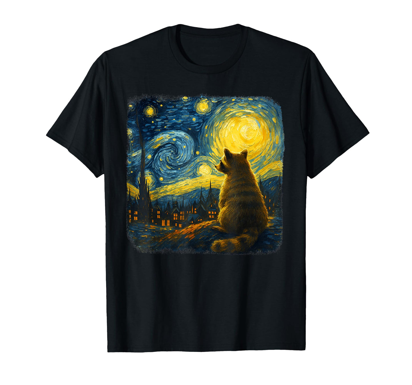 Raccoon Watching Starry Night Sky Moon Artistic Scene Animal T-Shirt