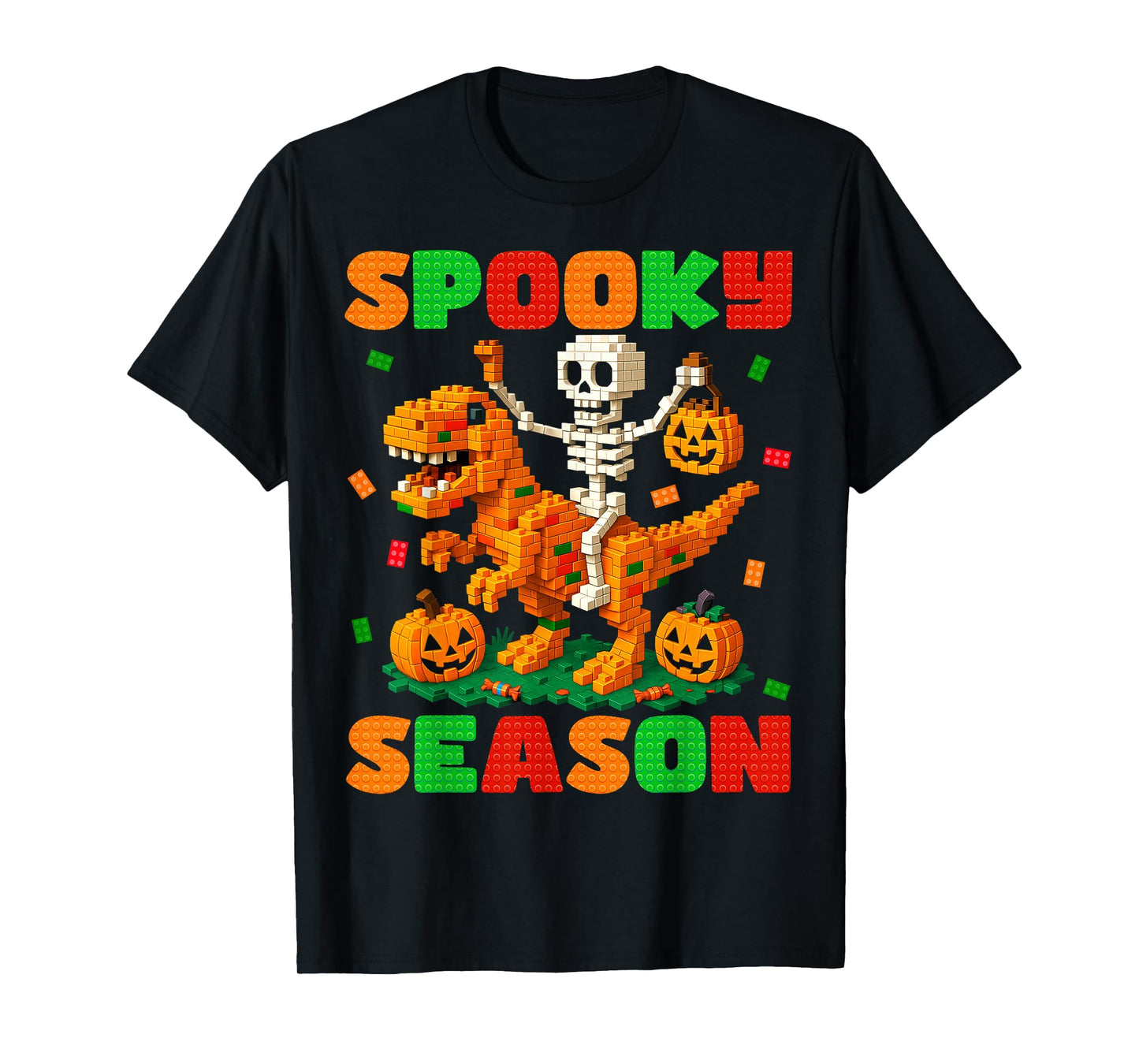 Spooky Season Building Brick Skeleton Dinosaur Kids Toddlers T-Shirt