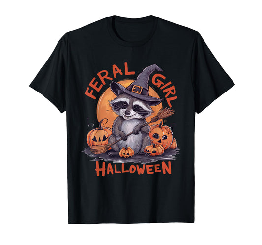Feral Girl Halloween Spooky Witch Funny Raccoon Pumpkin T-Shirt
