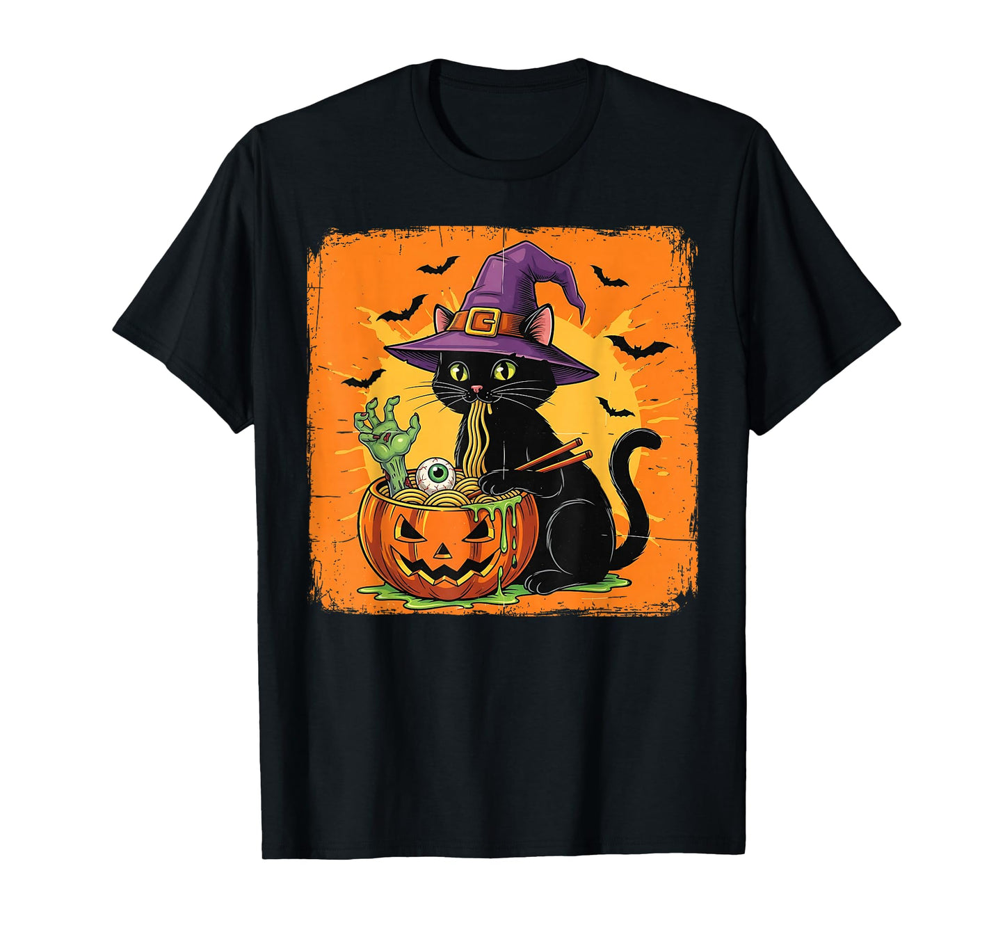 Spooky Black Cat Eating Ramen Halloween Kawaii Japanese T-Shirt