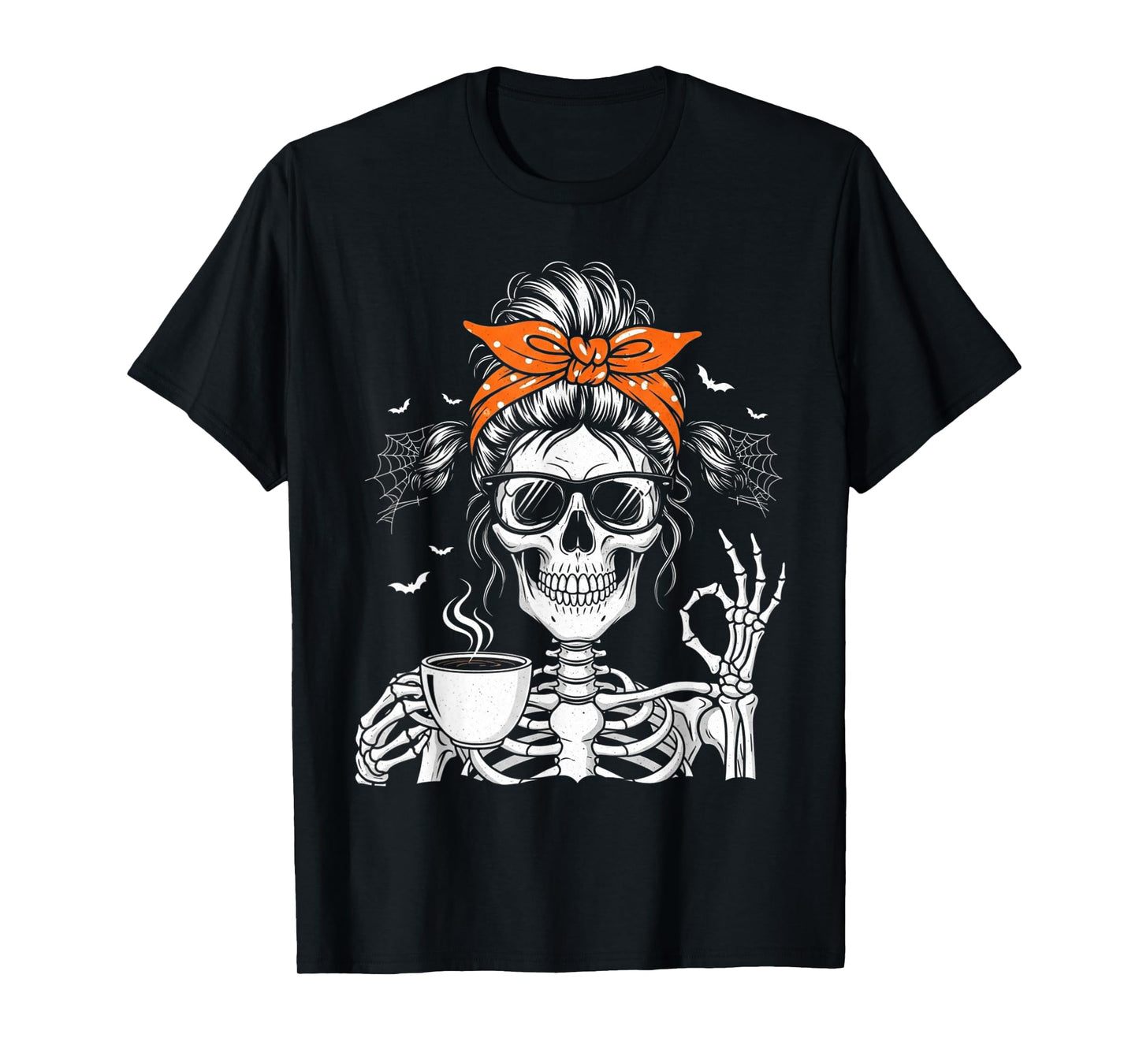 Skeleton Messy Bun Drinking Coffee Halloween Coquette Bow T-Shirt