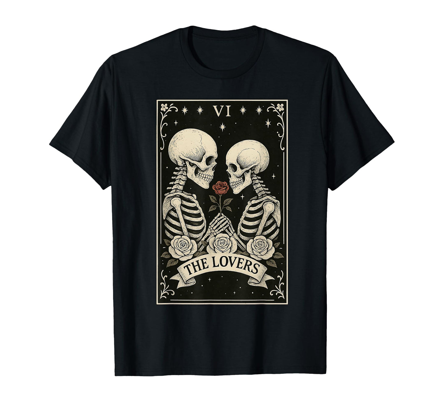 Tarot Card The Lovers Floral Goth Skeleton Halloween Witch T-Shirt