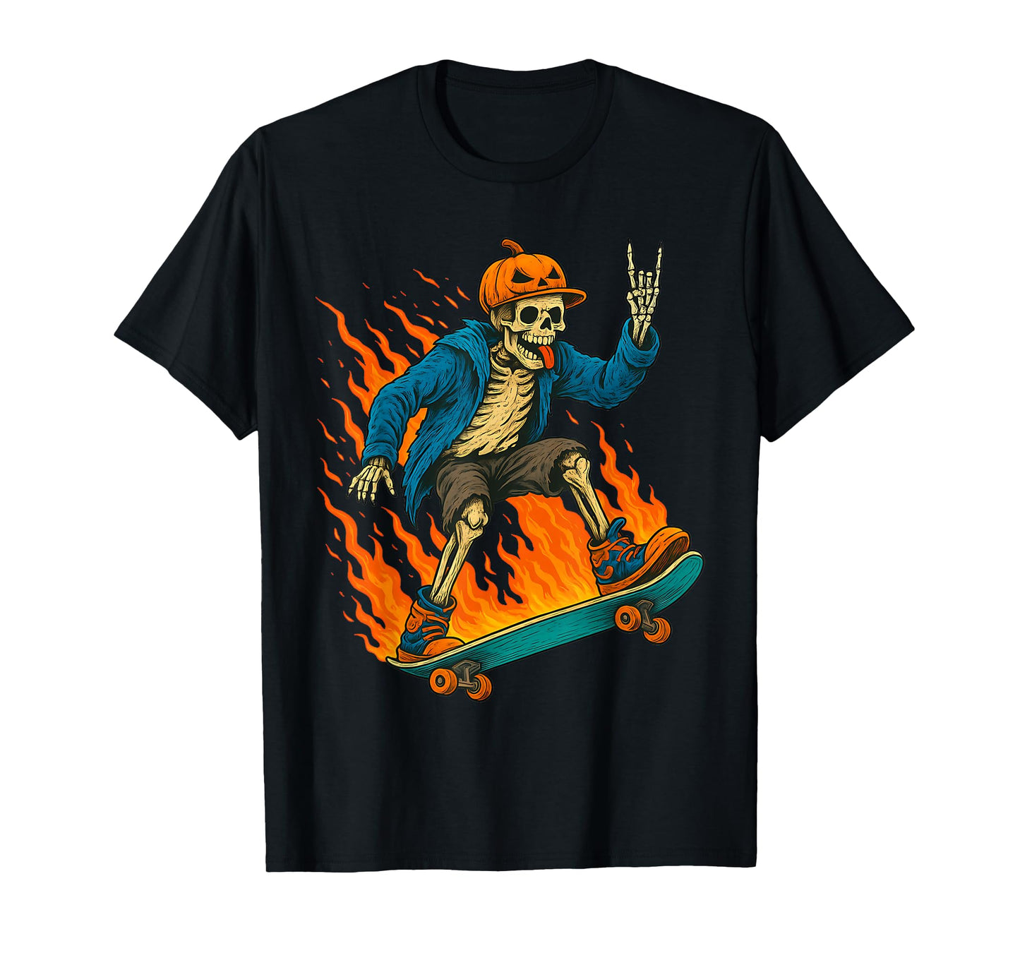 Halloween Skeleton Skateboarding Pumpkin Flame Spooky Design T-Shirt