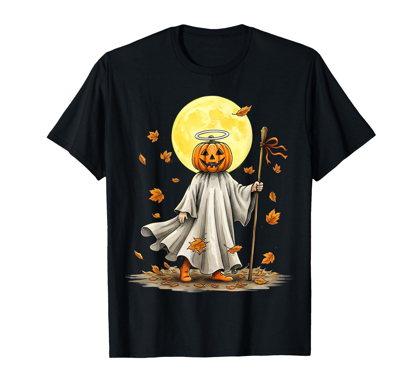 Halloween Pumpkin Head Moon Autumn Leaves Spooky Women T-Shirt