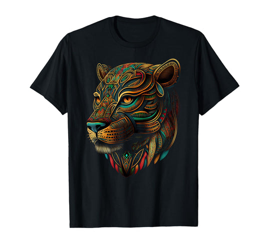 Azteca Mountain Lion Indigenous Aztec Art Colorful Animals T-Shirt