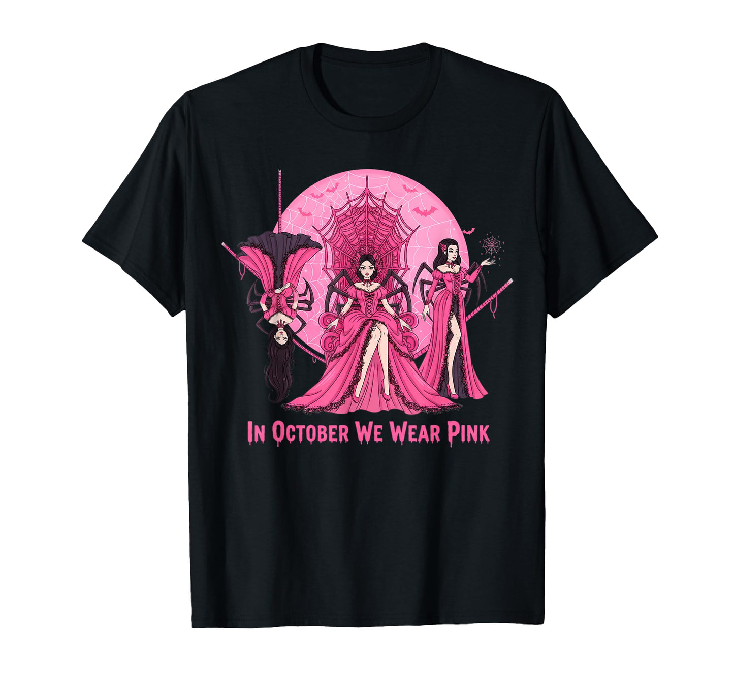 October We Wear Pink Spider Witch Halloween Breast Cancer T-Shirt
