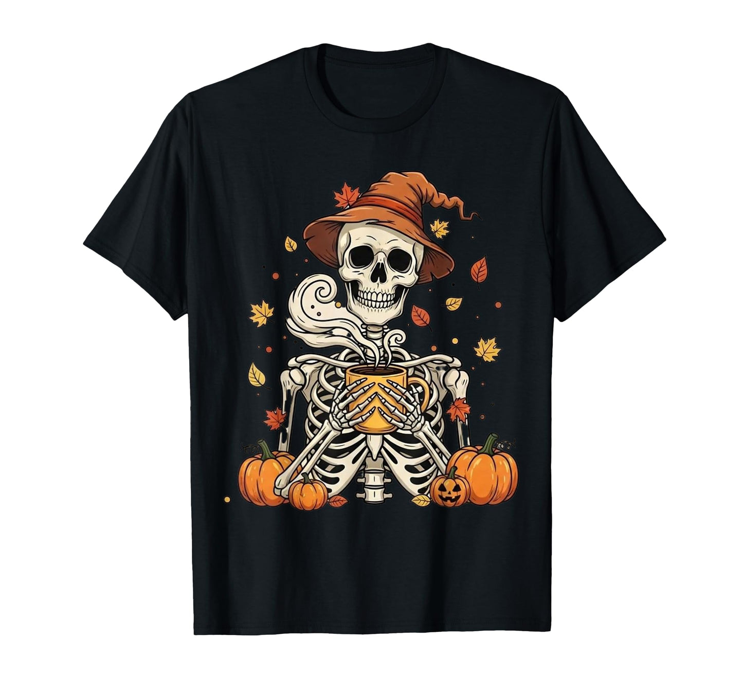 Comfy Fall Skeleton Drinking Coffee – Funny Spooky Halloween T-Shirt
