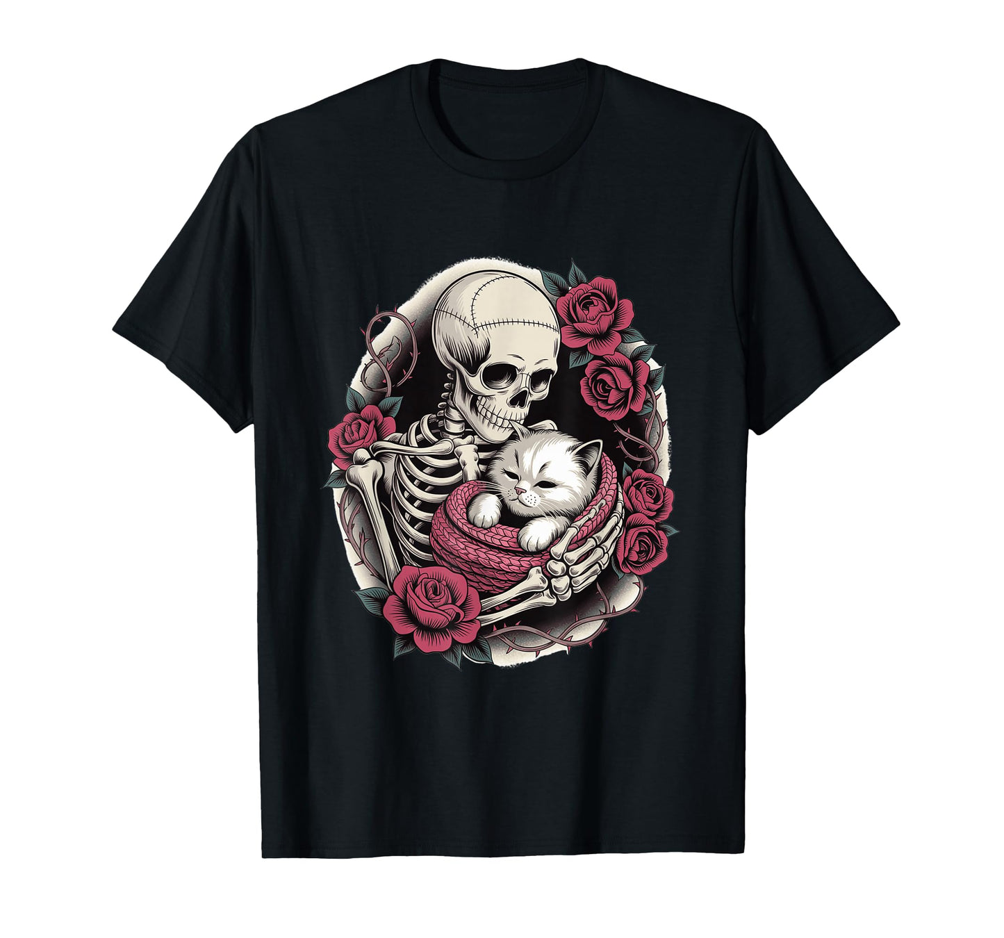 Skeleton Hugging Cat Gothic Floral Creepy Cute Halloween T-Shirt