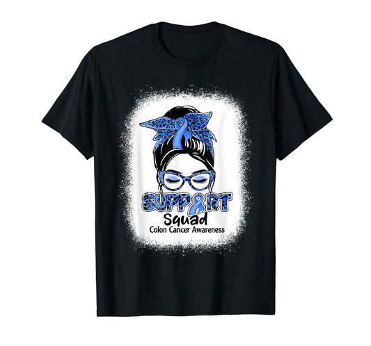 Support Squad Messy Bun Blue Ribbon Colon Cancer Awareness T-Shirt