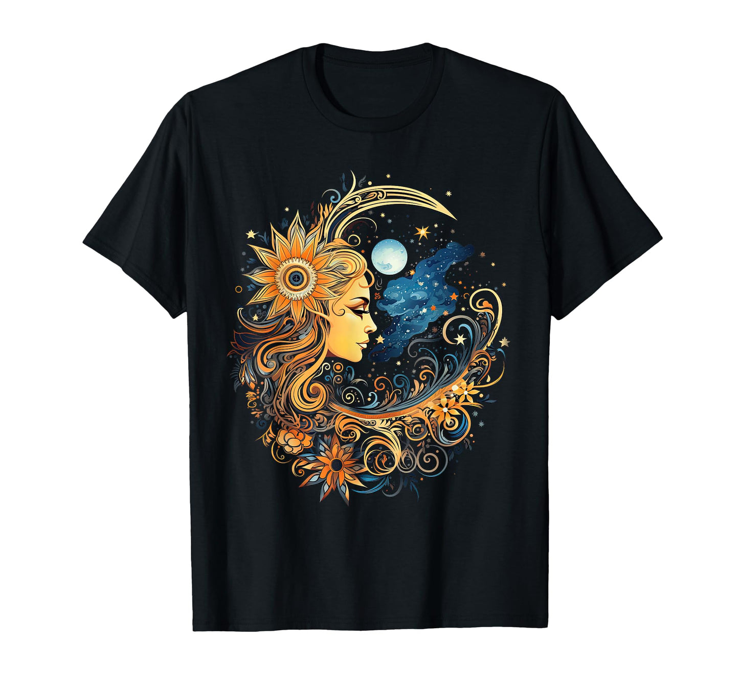 Mystical Sun and Moon with Woman Mystical Flowers Aesthetic T-Shirt