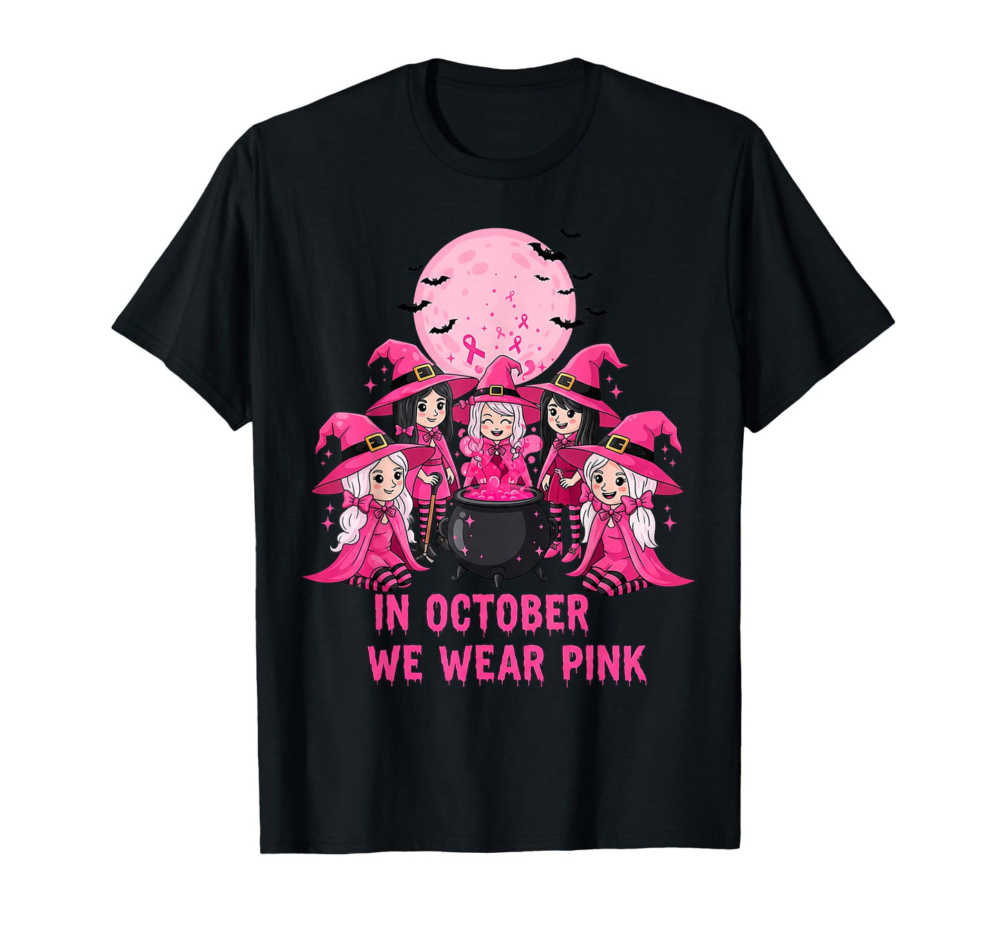 October We Wear Pink Witch Halloween Breast Cancer Awareness T-Shirt