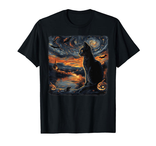 Halloween Van Gogh Starry Night Black Cat Pumpkins Bats Tees T-Shirt for Men Women Kids