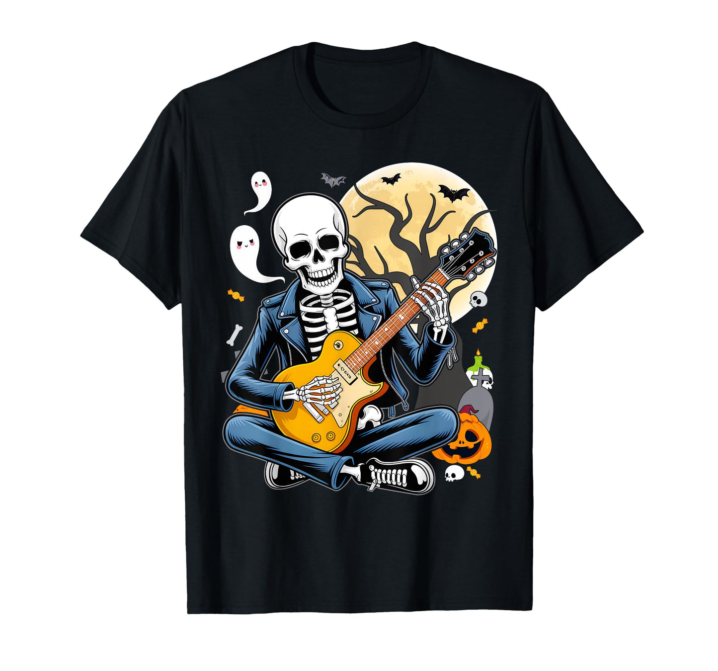 Skeleton Playing Guitar Punk Rock Music Halloween Mens Kids T-Shirt