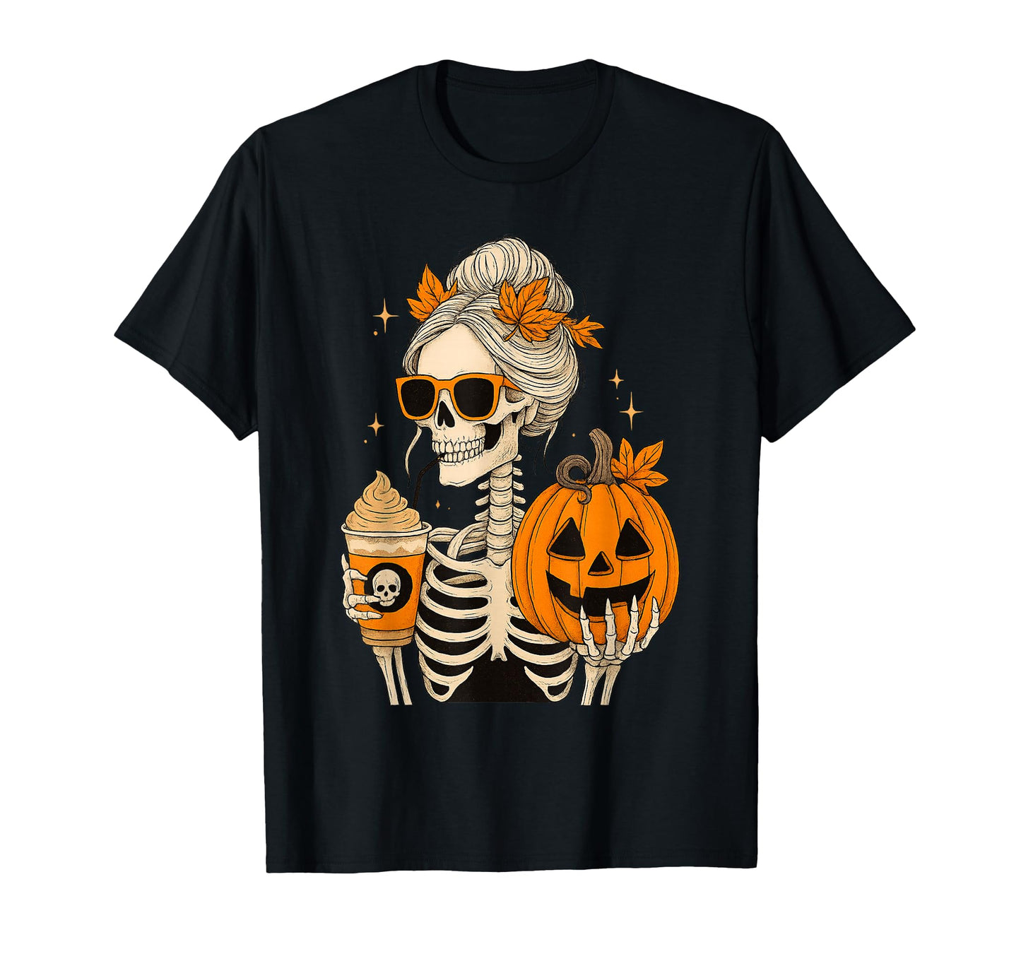Funny Skeleton Drinking Coffee Pumpkin Halloween Kids Womens T-Shirt