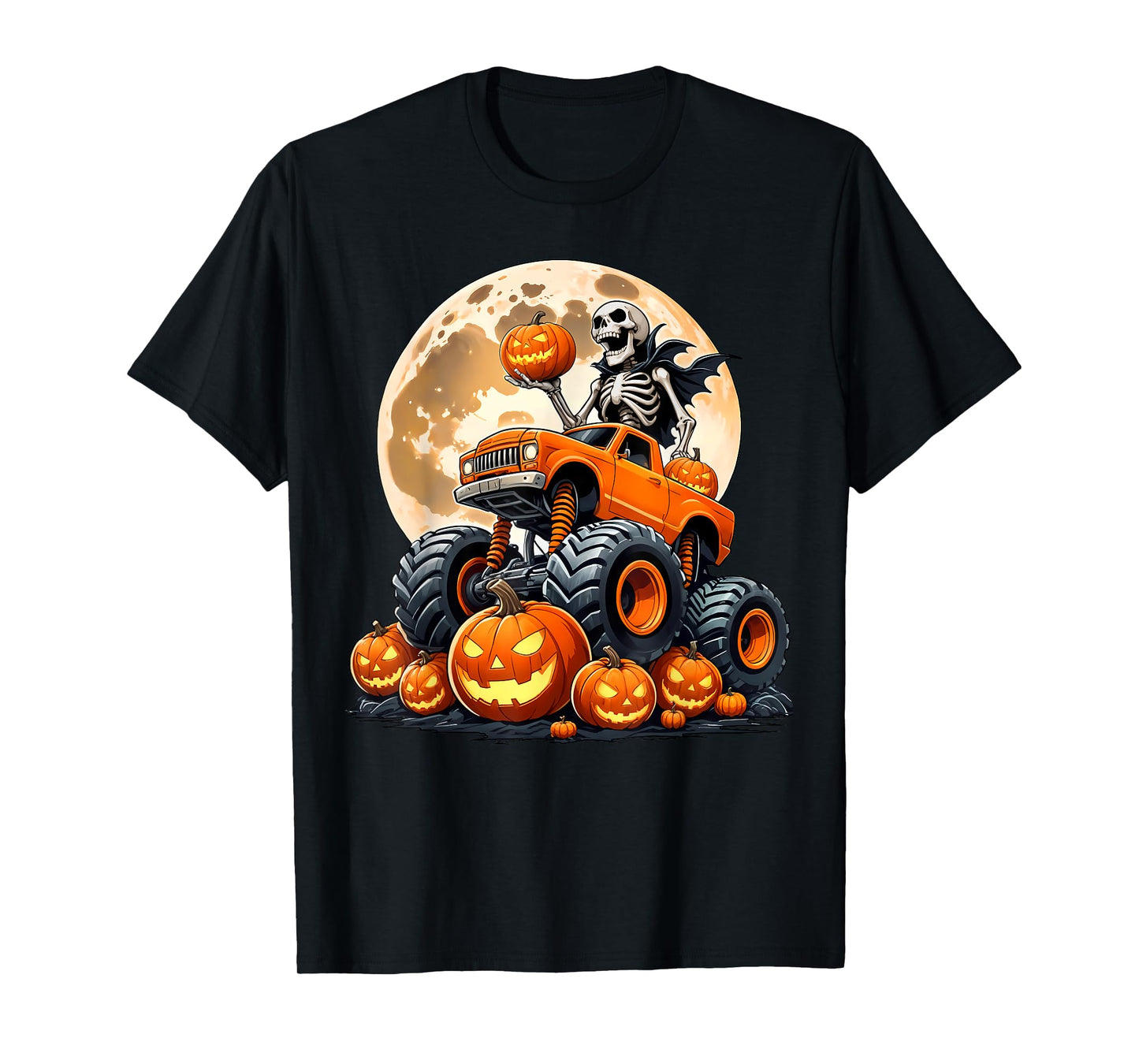 Skeleton Riding Monster Truck Halloween Pumpkin Kids Toddler T-Shirt