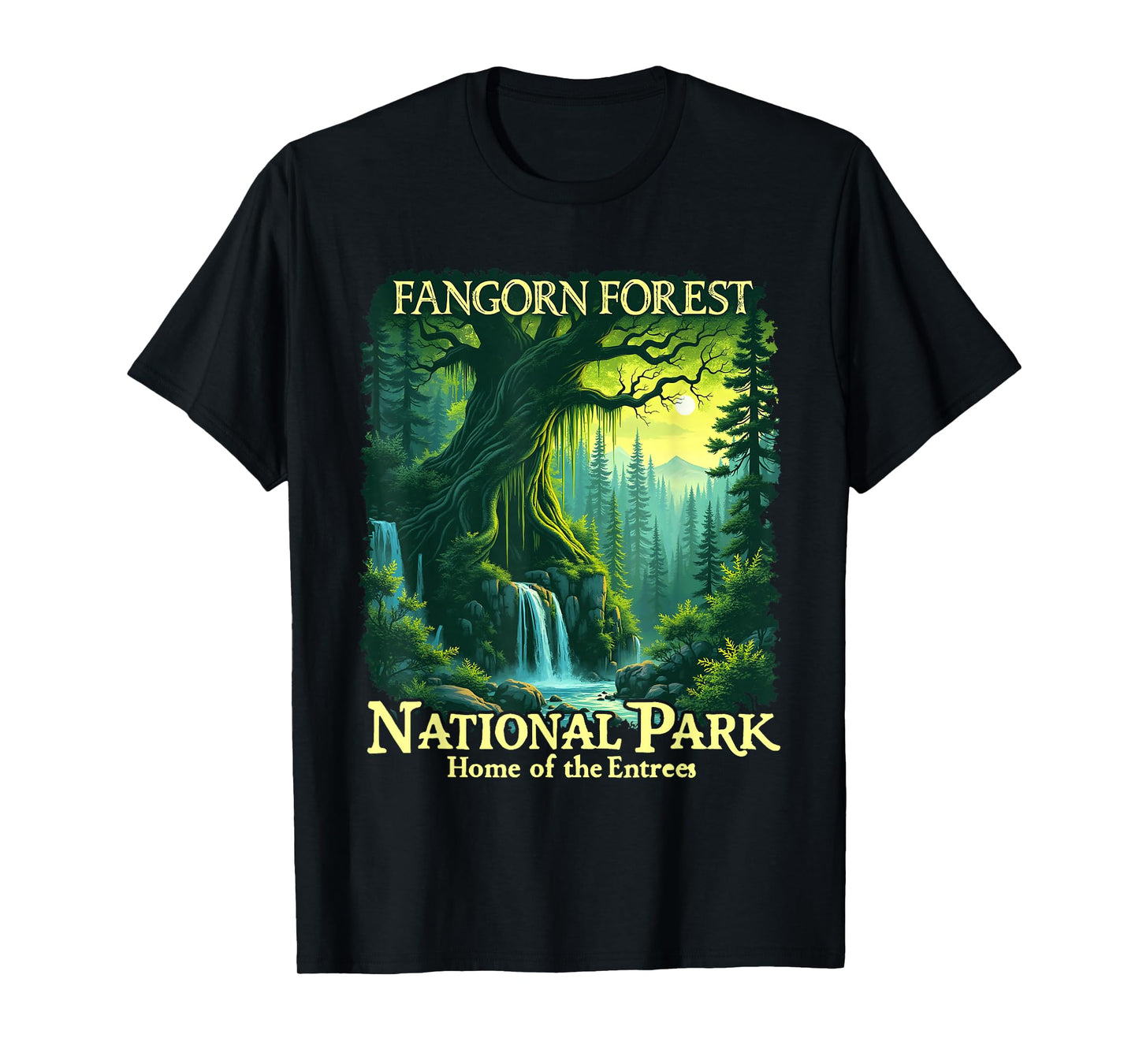 Mythical Forest Adventures Costume Fangorn Forest National Park Home of the Entrees Graphic T-Shirt - Unisex-Adult, Black, Small, Short Sleeve