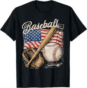 American Flag Baseball Player Bat Fan Catcher Pitcher USA T-Shirt