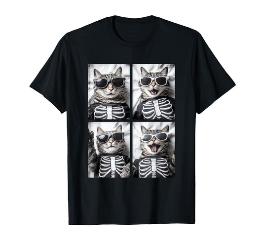 Cute Cat with Sunglasses Skeleton Costume Funny Halloween T-Shirt