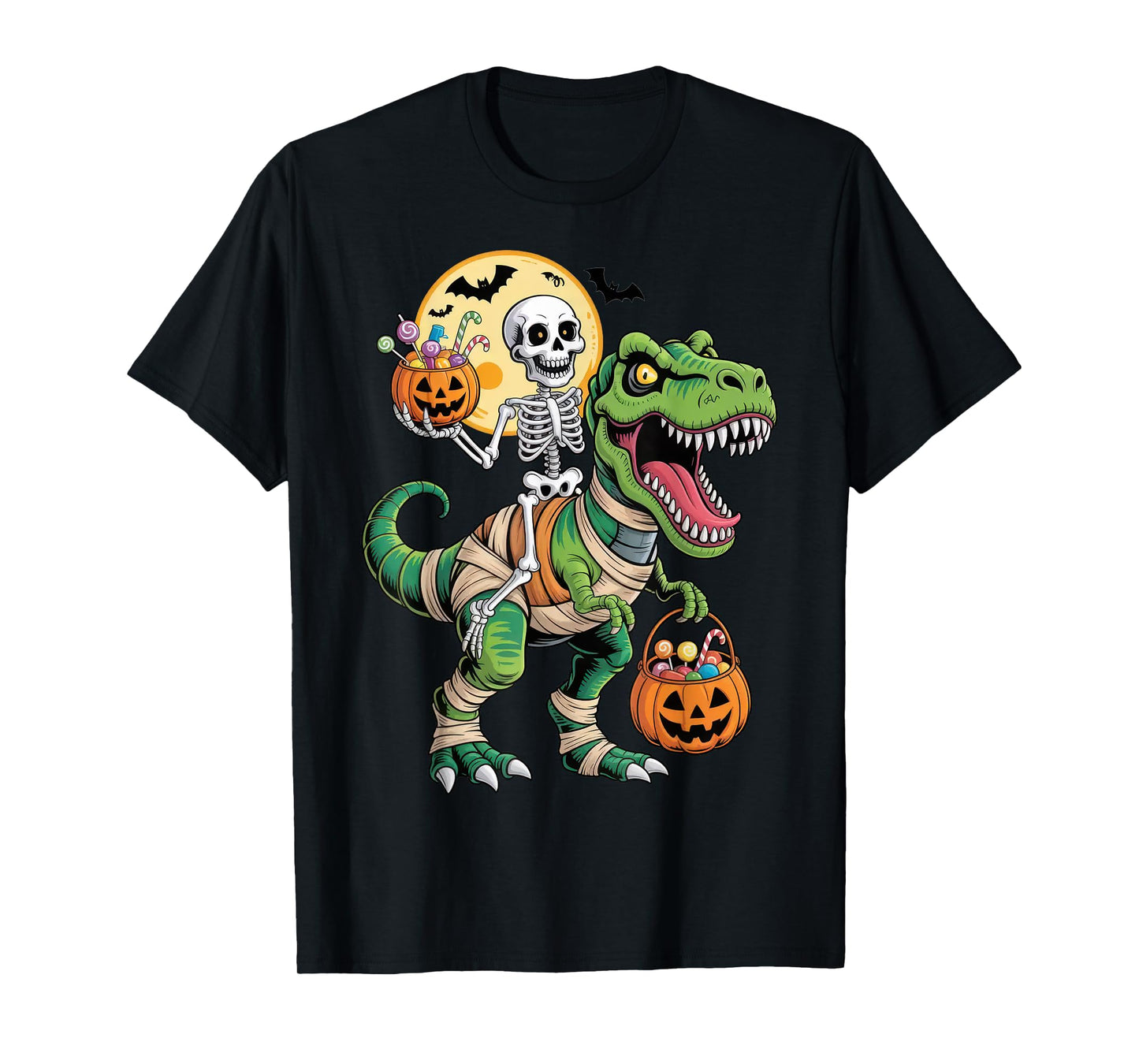 Skeleton Riding Mummy Dinosaur T rex Halloween Funny Pumpkin T-Shirt