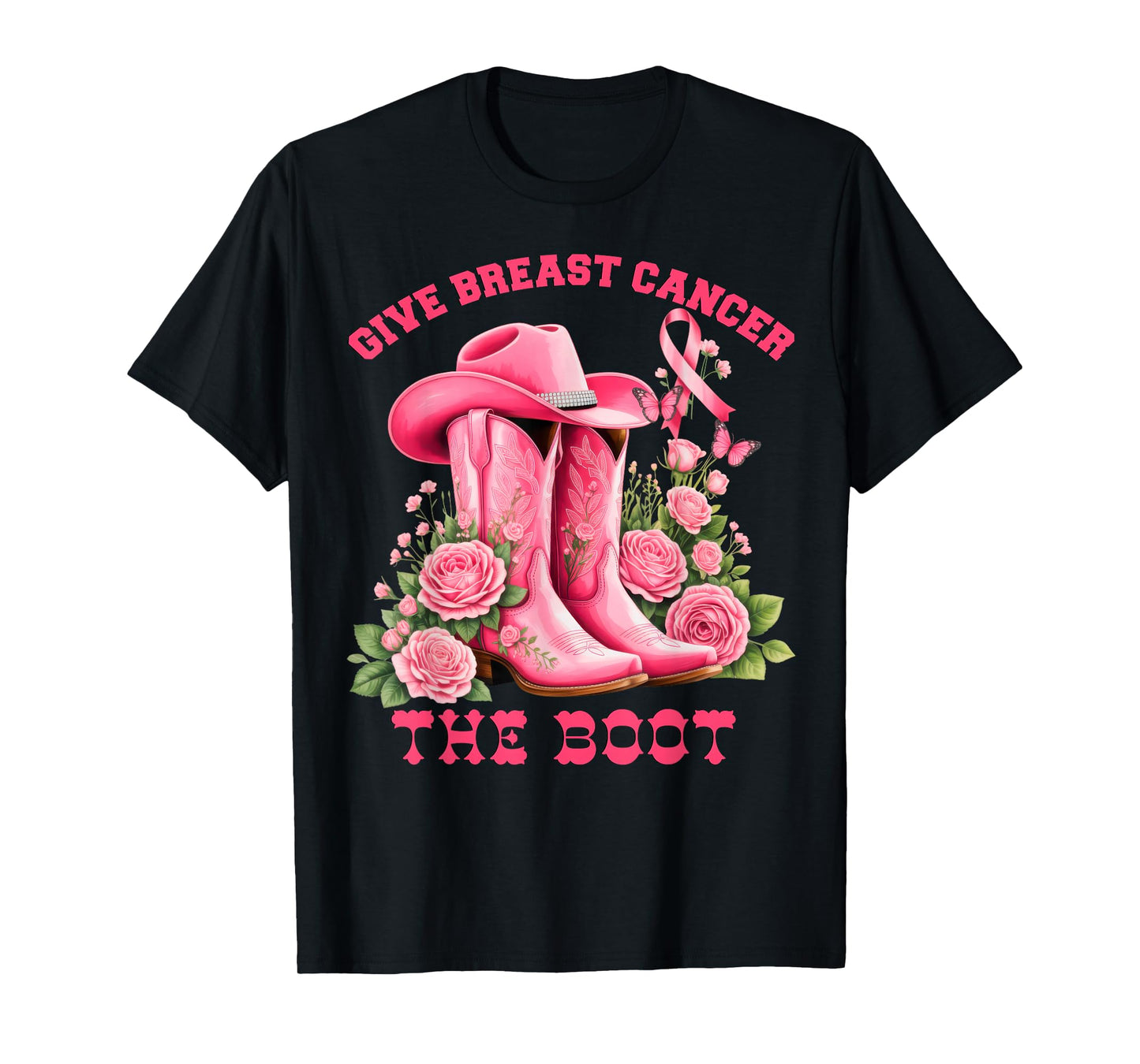 Give Breast Cancer The Boot Cowgirl Pink Ribbon Western T-Shirt
