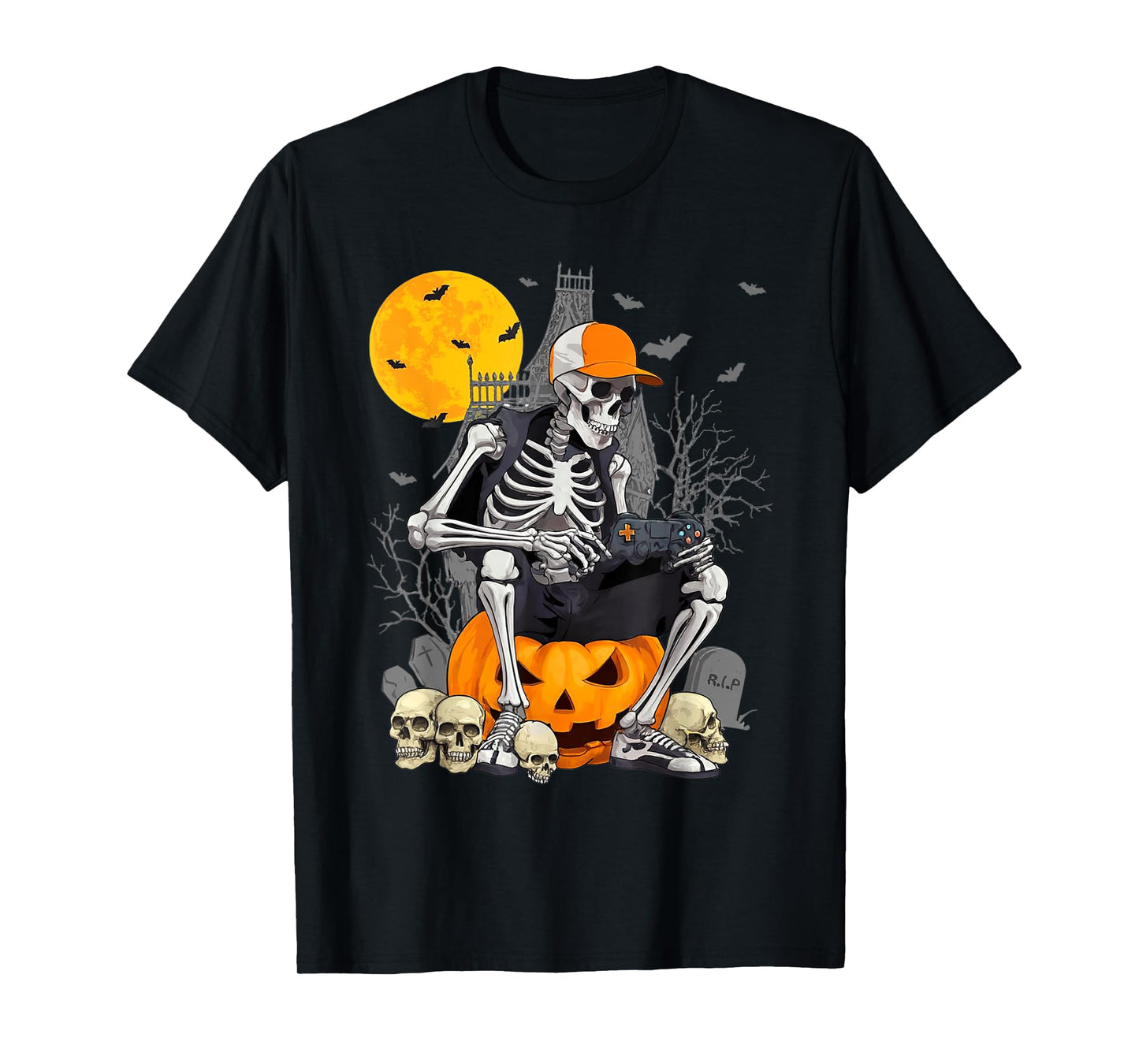 Halloween Gamer Skeleton with Pumpkin and Ghosts Funny Tee T-Shirt