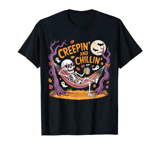 Creepin and Chillin Skeleton Hammock Halloween Graphic T-Shirt