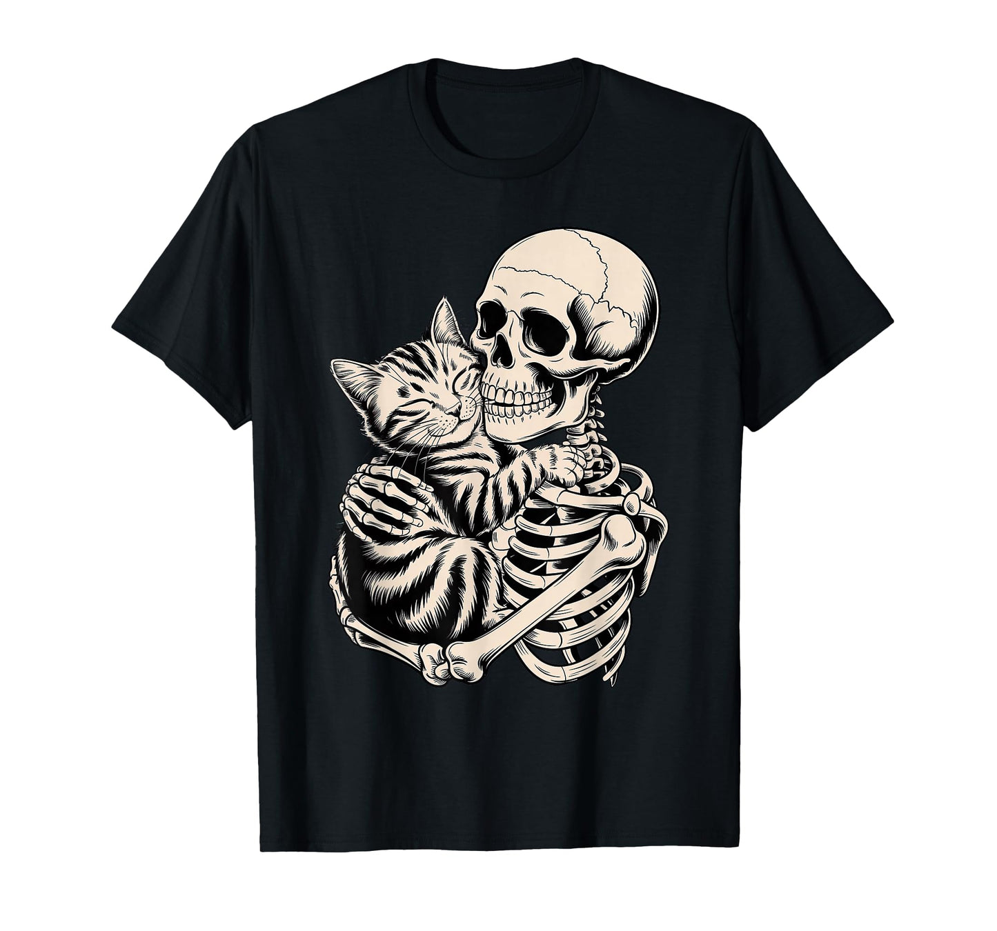 Skeleton Hugging Cat Halloween Cat Lover Cat Mom Dad T-Shirt