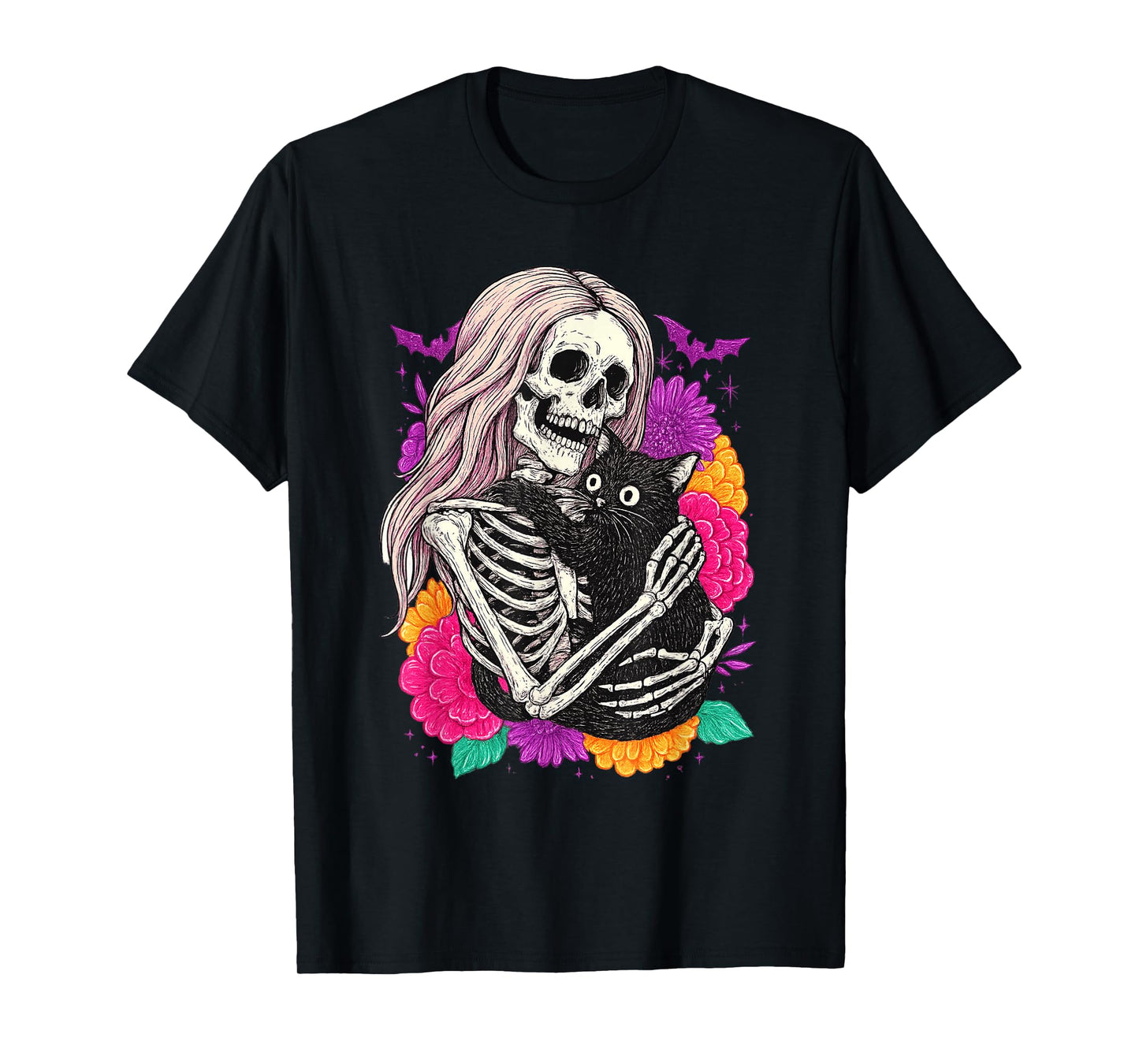 Skeleton Hugging Cat Floral Gothic Halloween Tee T-Shirt