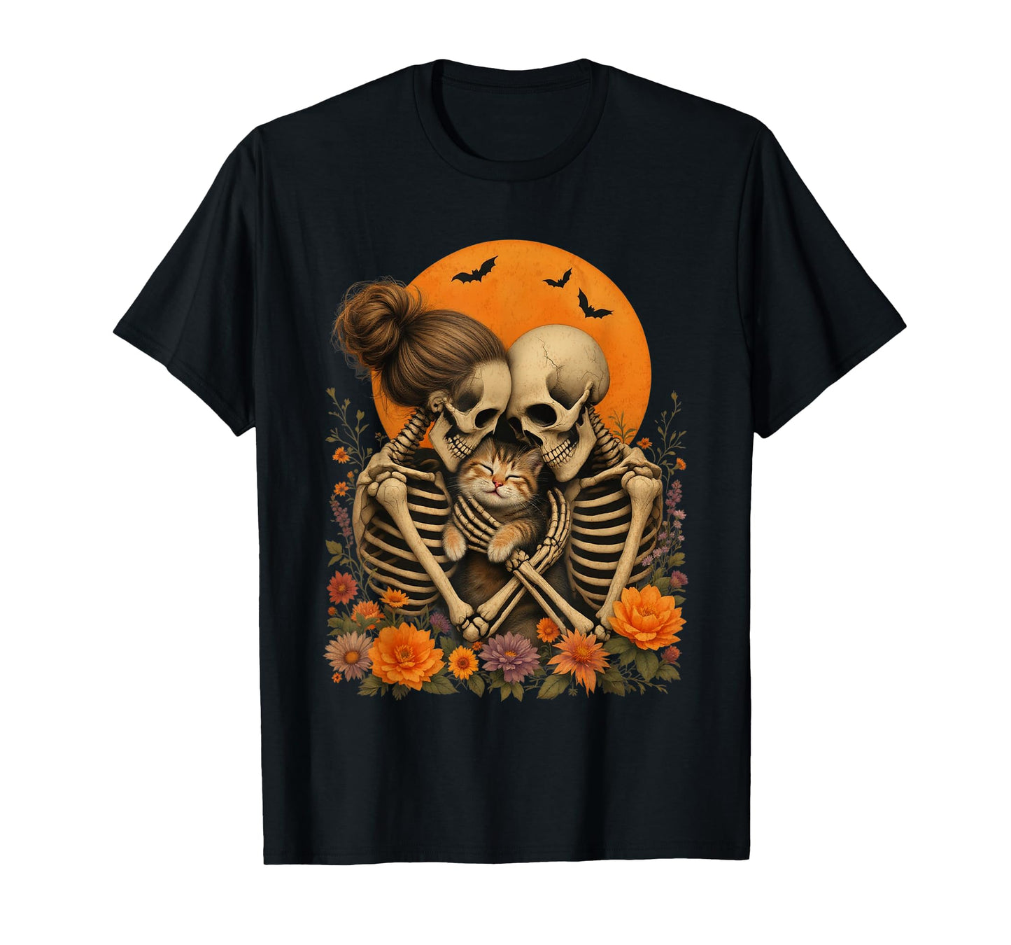 Skeleton Hugging Cat Floral Halloween Cat Lover Mom Costume T-Shirt