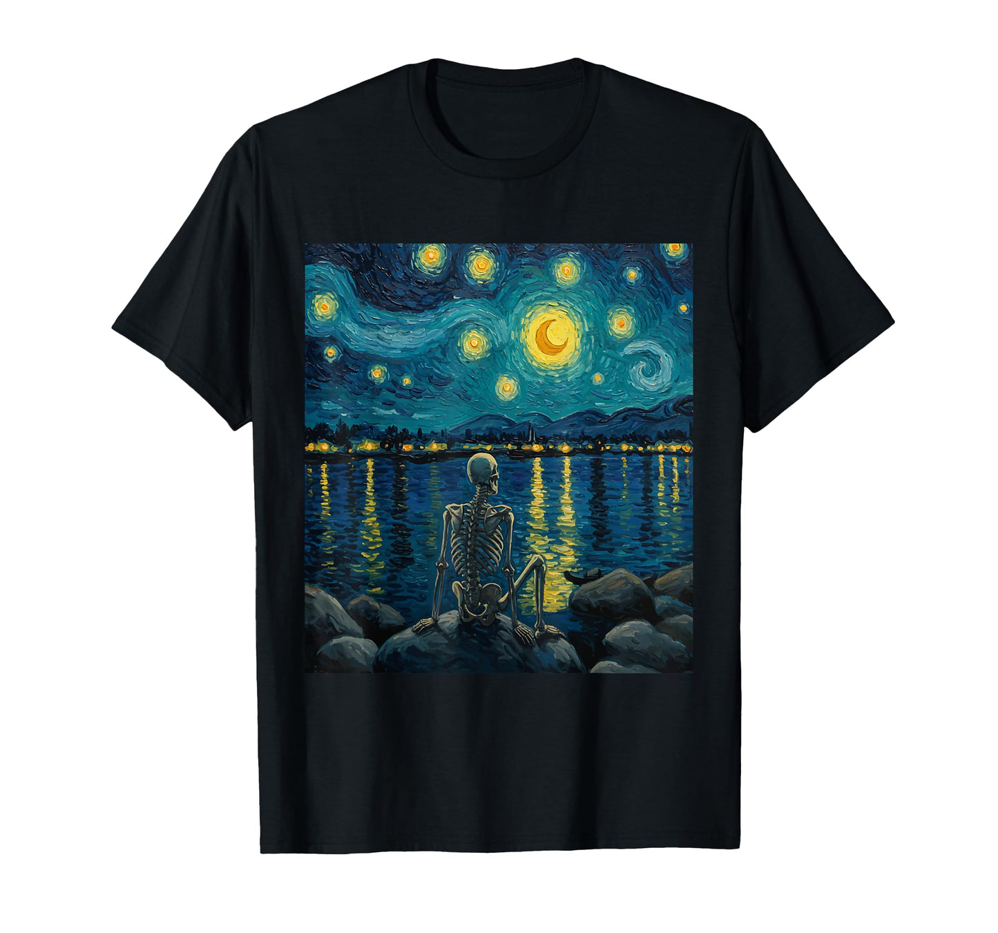 Funny Halloween Starry Night Skeleton Vincent Van Gogh T-Shirt