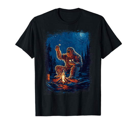 Bigfoot Sasquatch Roasting Marshmallows Camping Adventure T-Shirt