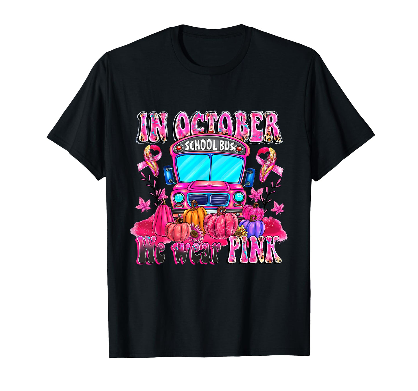 In October We Wear Pink School Bus Halloween Skeleton Outfit T-Shirt